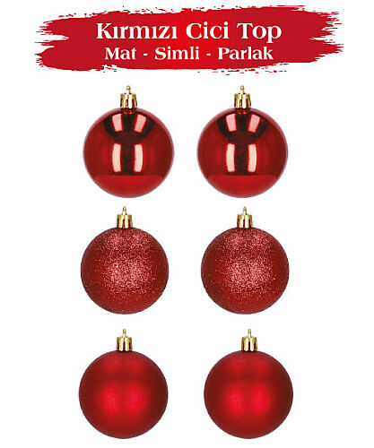 Yılbaşı Top Süs 8 Cm 6 Parça Mat Parlak Simli Kırmızı - 