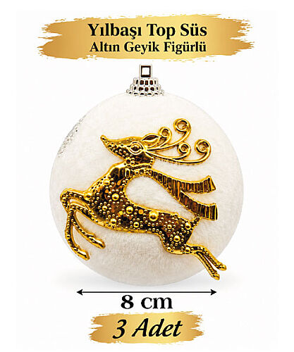 Yılbaşı Top Süs 8 cm Altın Geyik Figürlü 3 Parça - 