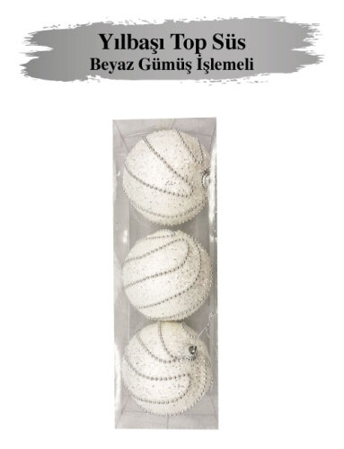 Yılbaşı Top Süs 8 cm Beyaz Gümüş İşlemeli 3 Parça - 2