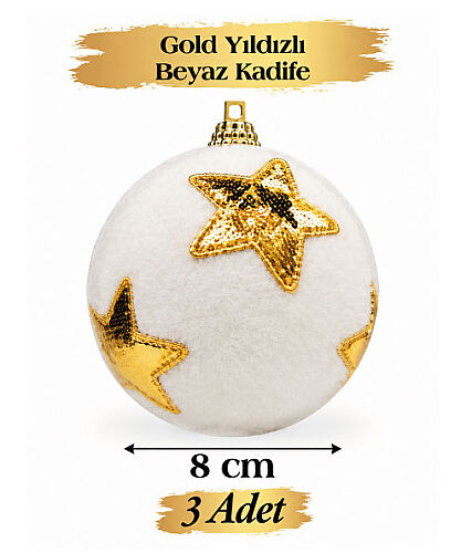 Yılbaşı Top Süs 8 Cm Beyaz Kadife Üstüne Gold Yıldızlı. - 