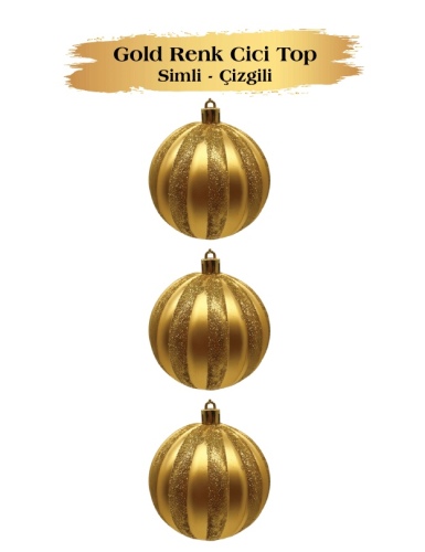 Yılbaşı Top Süs 8 Cm Çizgili Simli 3 Parça Altın - 