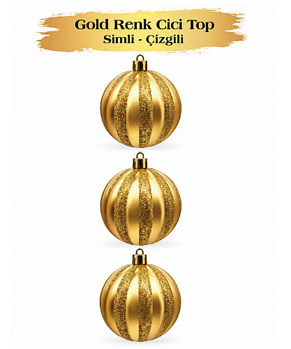 Yılbaşı Top Süs 8 Cm Çizgili Simli 3 Parça Altın - 