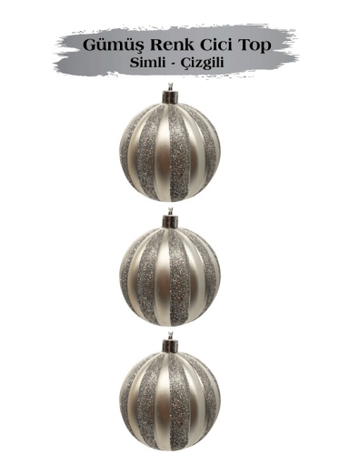 Yılbaşı Top Süs 8 Cm Çizgili Simli 3 Parça Gümüş - 