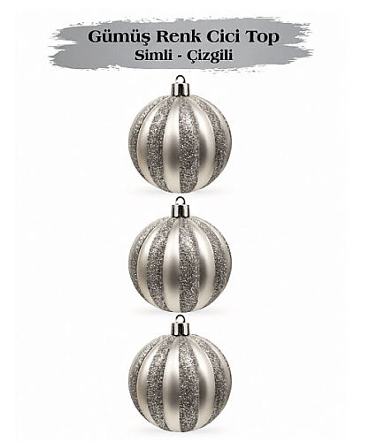Yılbaşı Top Süs 8 Cm Çizgili Simli 3 Parça Gümüş - 