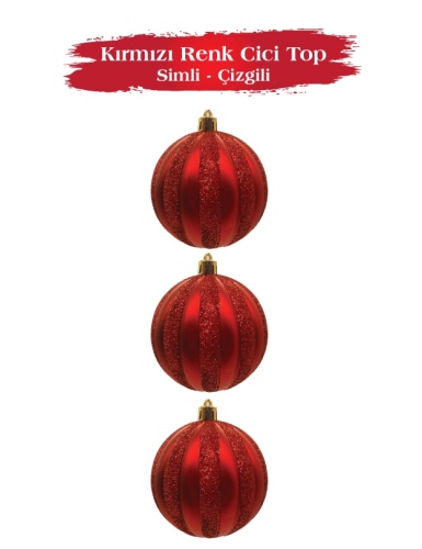 Yılbaşı Top Süs 8 Cm Çizgili Simli 3 Parça Kırmızı - 
