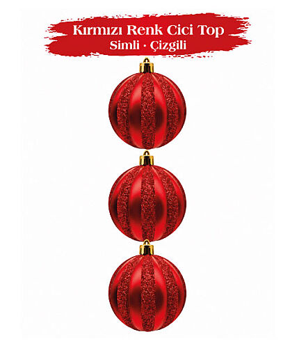 Yılbaşı Top Süs 8 Cm Çizgili Simli 3 Parça Kırmızı - 