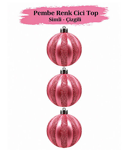 Yılbaşı Top Süs 8 Cm Çizgili Simli 3 Parça Pembe - 