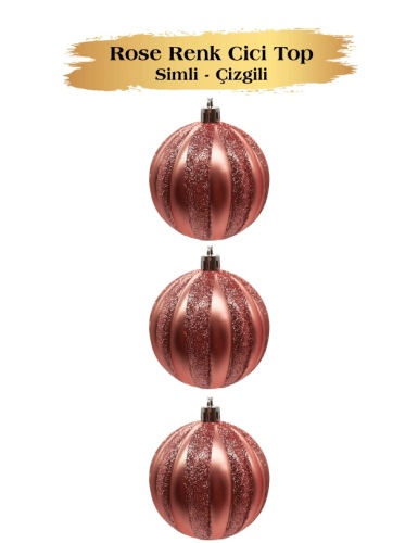 Yılbaşı Top Süs 8 Cm Çizgili Simli 3 Parça Rose Gold - 