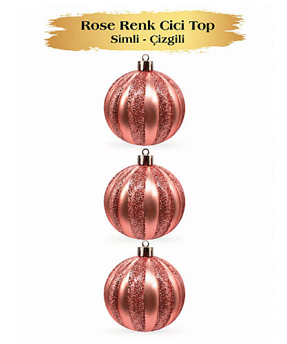 Yılbaşı Top Süs 8 Cm Çizgili Simli 3 Parça Rose Gold - 