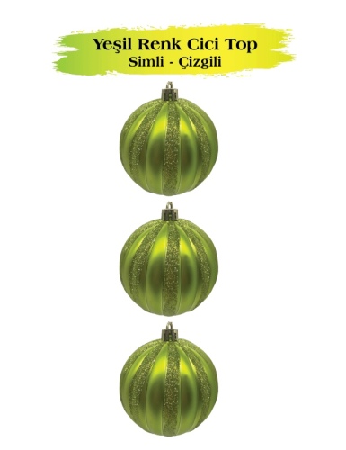 Yılbaşı Top Süs 8 Cm Çizgili Simli 3 Parça Yeşil - 