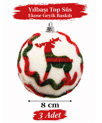 Yılbaşı Top Süs 8 cm Ekose Geyik Baskılı 3 Parça - 