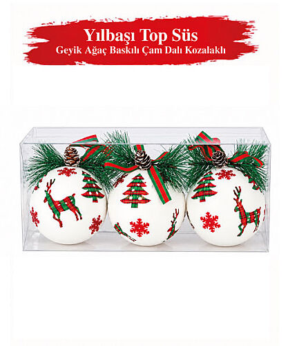 Yılbaşı Top Süs 8 cm Geyik Ağaç Baskılı Çam Dalı Kozalaklı Lüks - 2