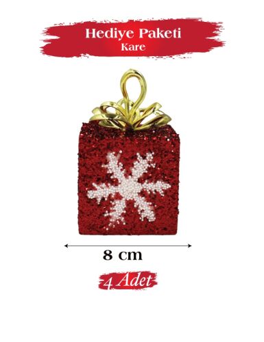 Yılbaşı Ağaç Süsü Hediye Paketi Kare 8 Cm 4 Parça - 