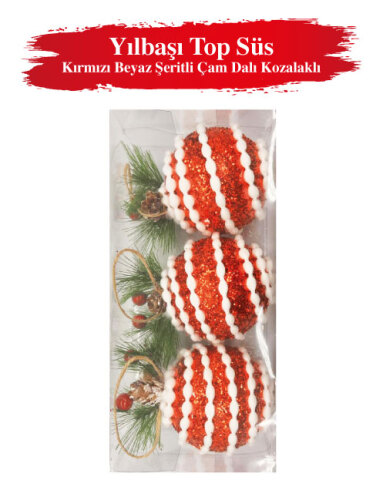 Yılbaşı Top Süs 8 cm Kırmızı Beyaz Şeritli Çam Dalı Kozalaklı Lüks 3 Parça - 2