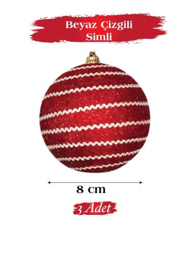 Yılbaşı Top Süs 8 Cm Kırmızı Simli Üzerine Beyaz Dalgalı Şeritli 3lü - 