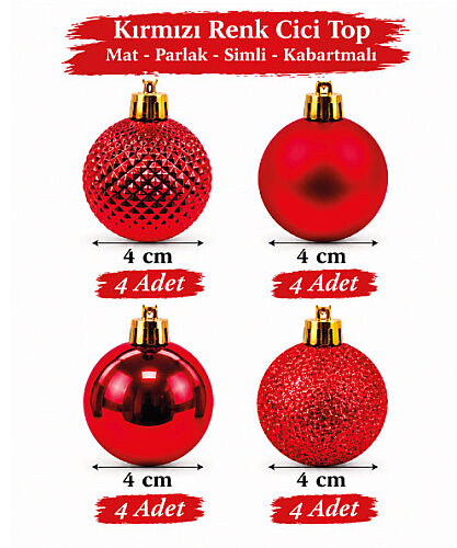 Yılbaşı Top Süs Asetatlı 4 cm 16 Parça Mat Parlak Simli Kabartmalı Kırmızı - 