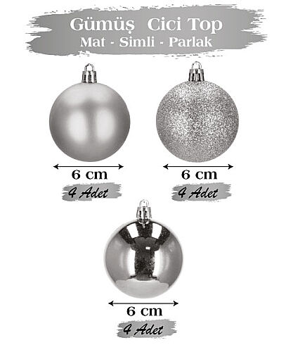 Yılbaşı Top Süs Asetatlı 6 cm 12 Parça Mat Parlak Simli Gümüş - 