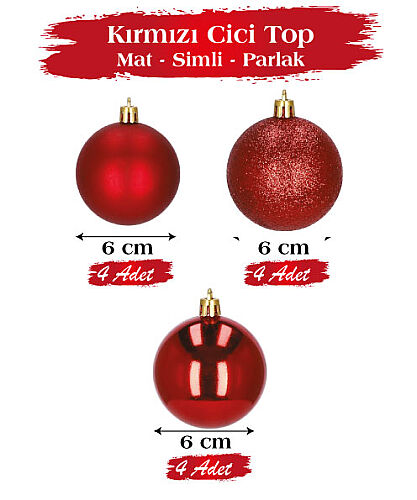 Yılbaşı Top Süs Asetatlı 6 cm 12 Parça Mat Parlak Simli Kırmızı - 