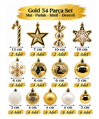 Yılbaşı Top Süs Figürlü Asetatlı 54 Parça Set Altın - 