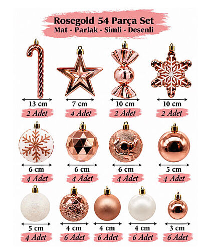 Yılbaşı Top Süs Figürlü Asetatlı 54 Parça Set Rose Gold - 